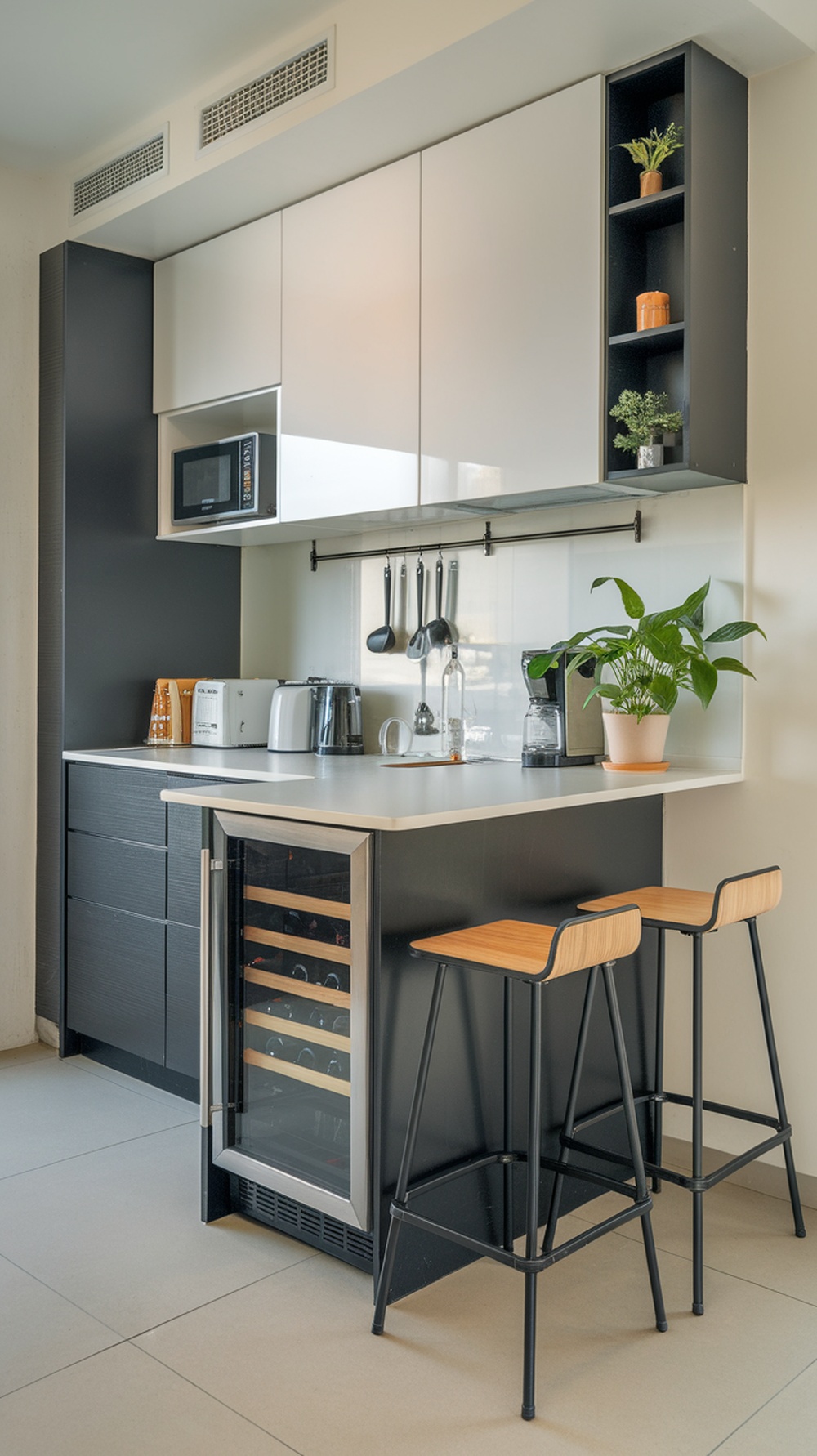 A modern luxury small kitchen featuring built-in bar, wine cooler, and minimalist design.
