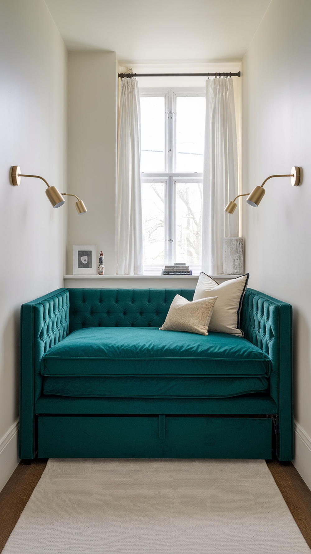 A cozy guest room featuring a turquoise velvet sleeper sofa with tufted design, surrounded by soft curtains and natural light.
