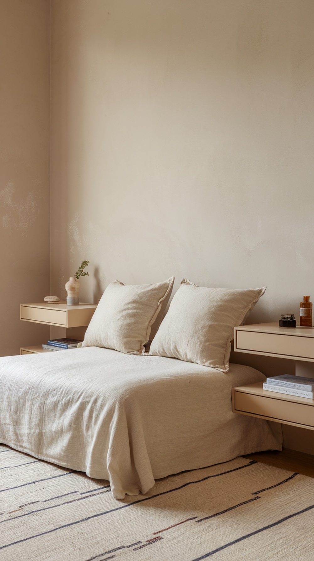 A neutral guest room featuring a linen sleeper sofa with soft bedding and minimalist nightstands.