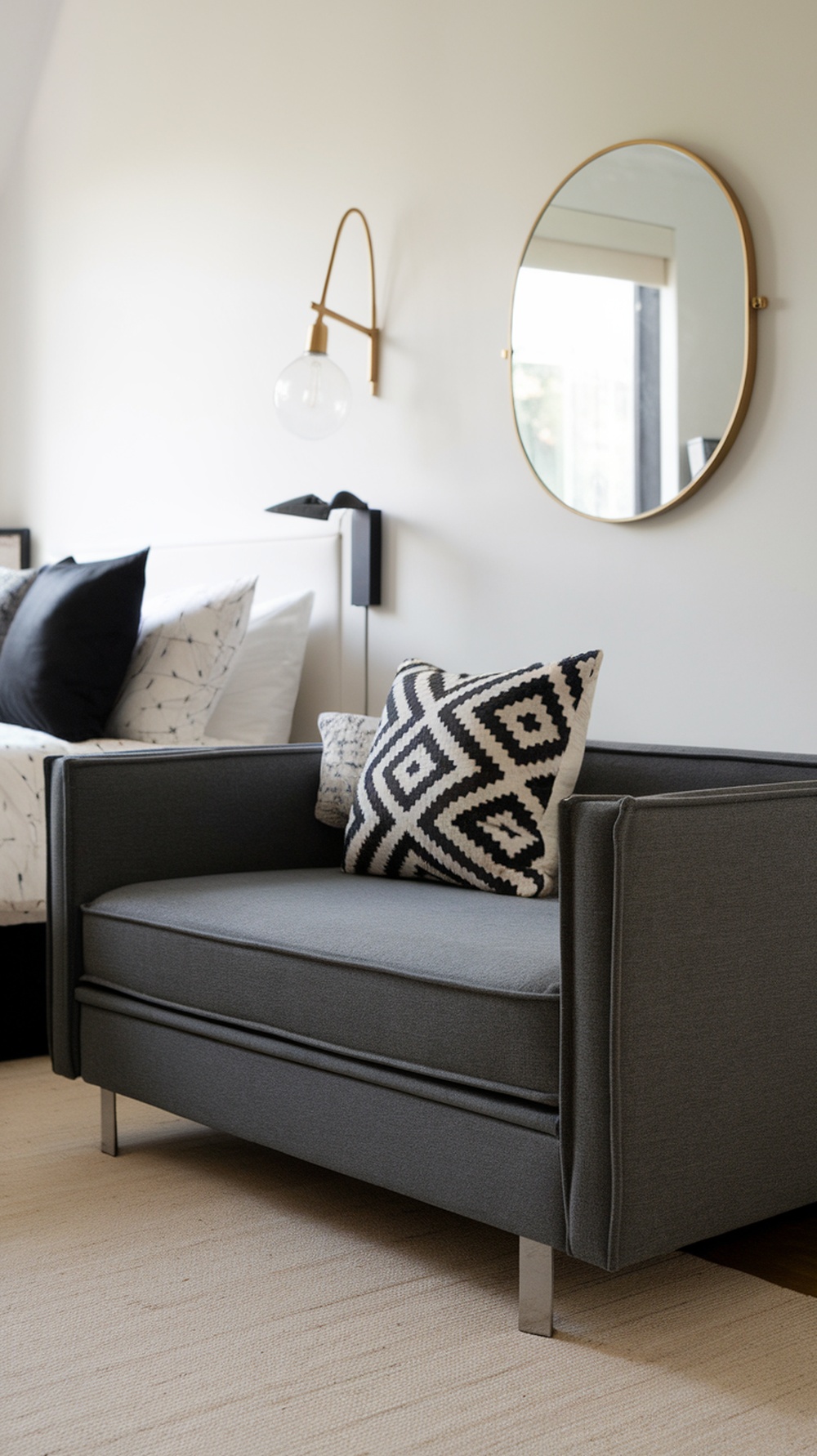 A modern pull-out sofa in a guest room, featuring a gray color and a decorative pillow.