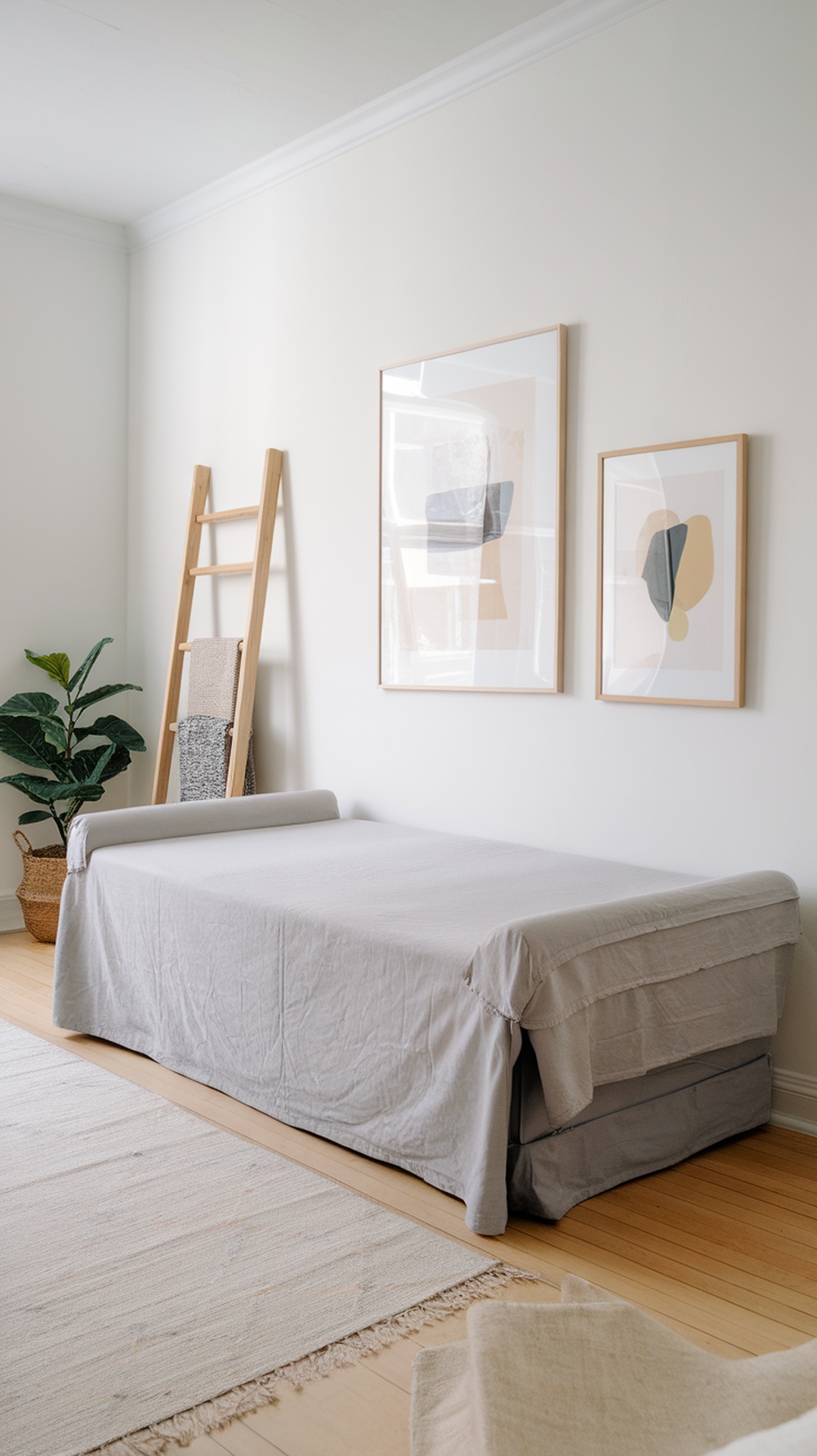 A Scandinavian-style sleeper sofa in a small bedroom with light colors and simple decor.