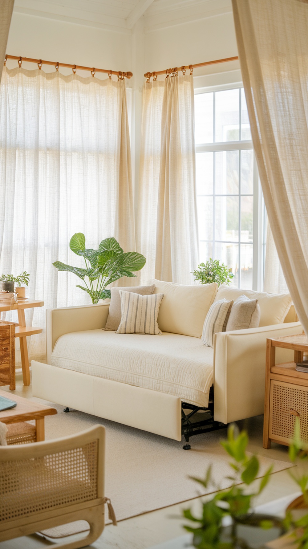 Bright guest bedroom with a cream sleeper sofa, light curtains, wooden furniture, and plants.