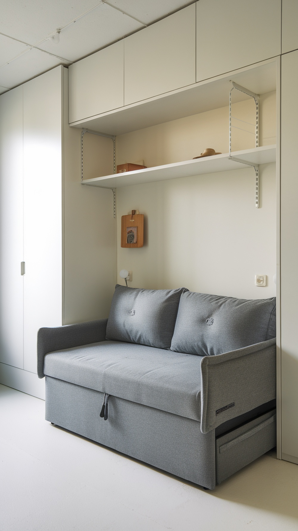 A gray sleeper sofa with storage underneath in a small guest room