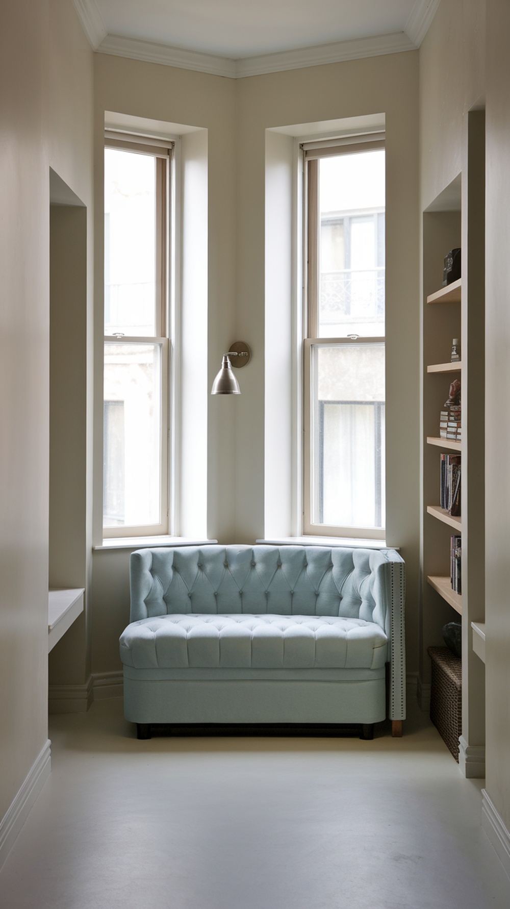 A light blue tufted sleeper sofa in a narrow bedroom corner with windows.