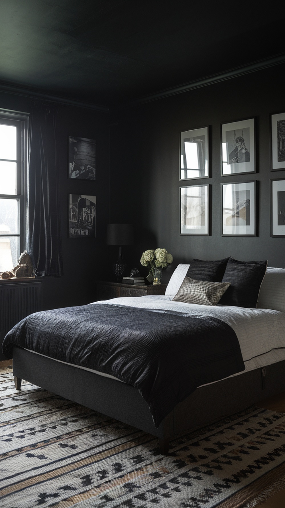 Dark grey sleeper sofa in a moody guest bedroom with dark walls and framed art.