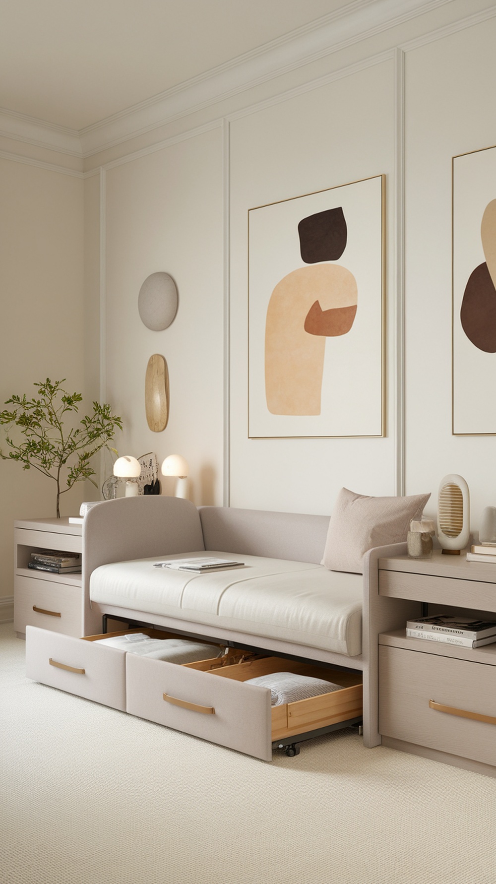 A stylish fold-out sleeper sofa with underbed storage in a cozy guest bedroom setting.