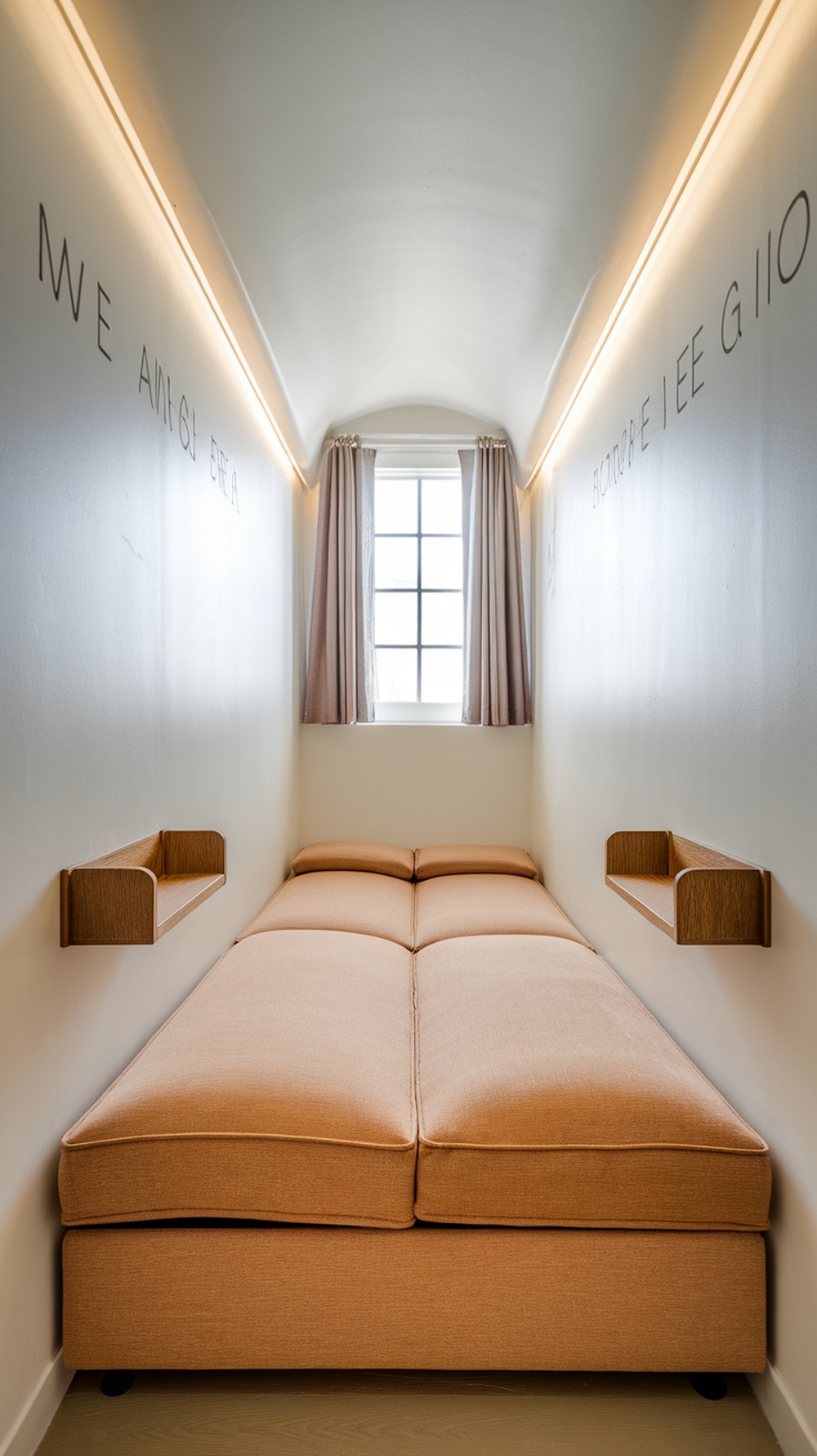 Cozy compact sleeper sofa with side tables in a small guest bedroom