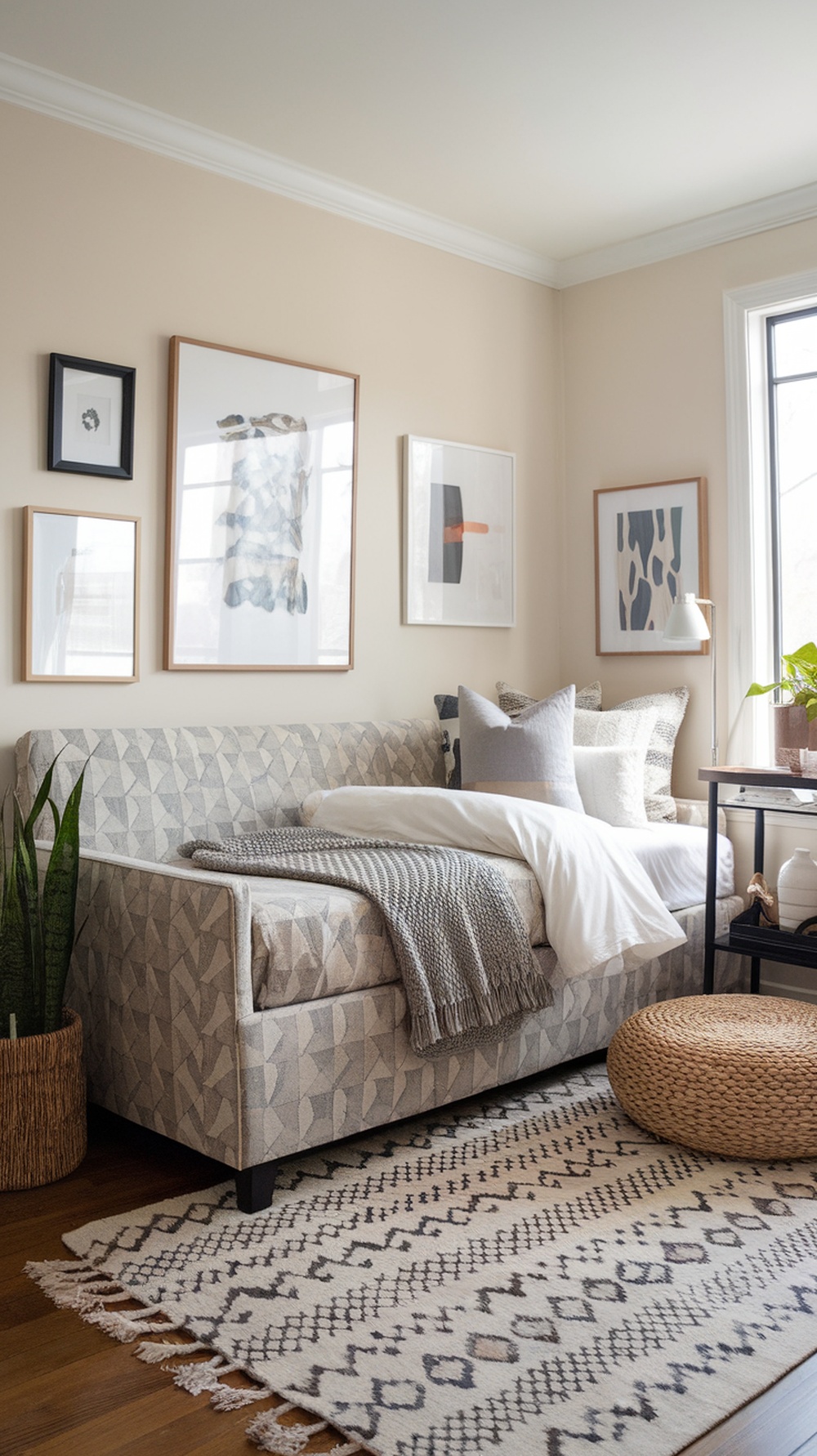 A stylish guest room featuring a patterned sleeper sofa with pillows and a blanket, surrounded by artwork and a plant.