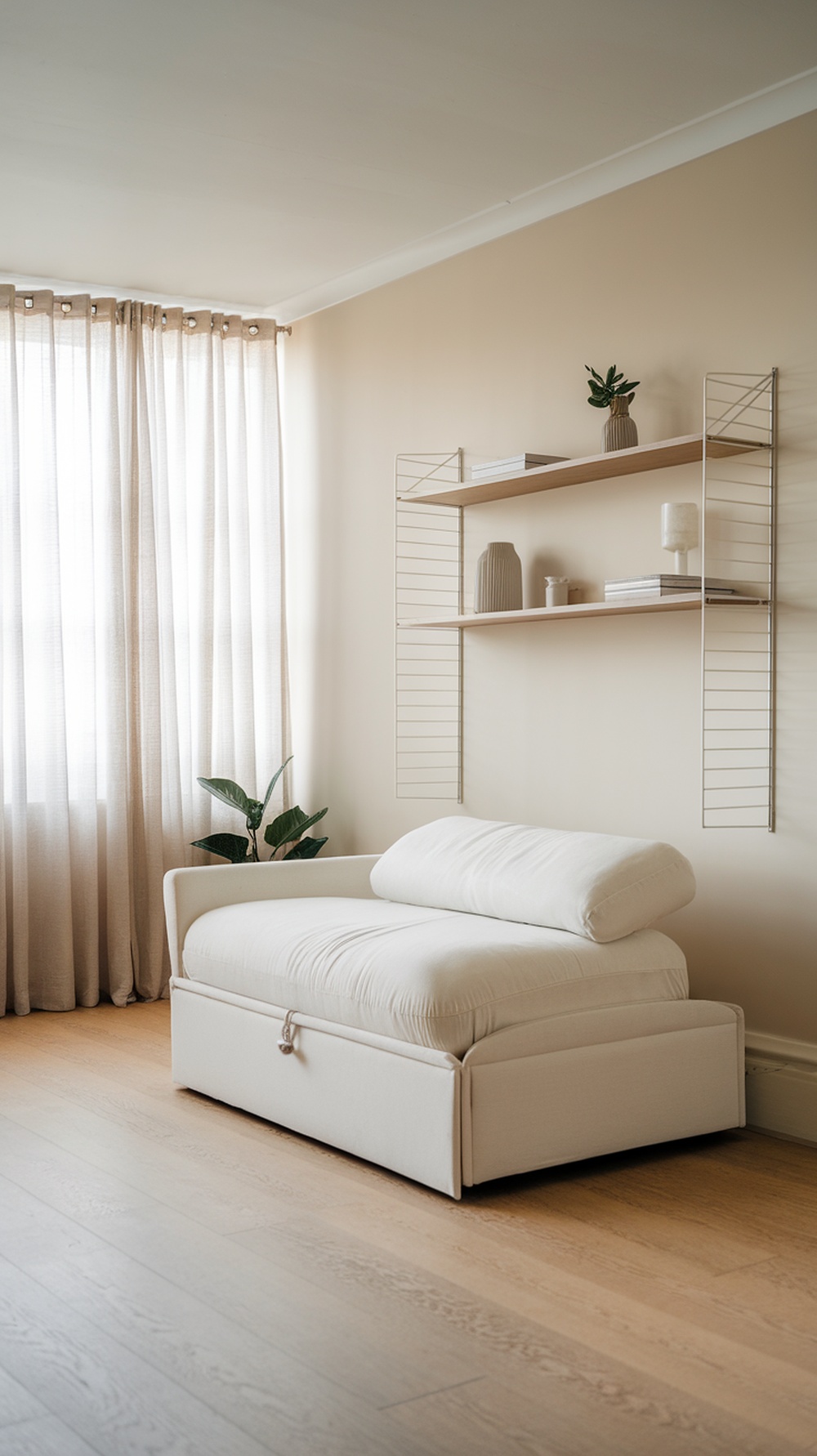 A minimalist white sleeper sofa in a guest bedroom with natural light and soft curtains.