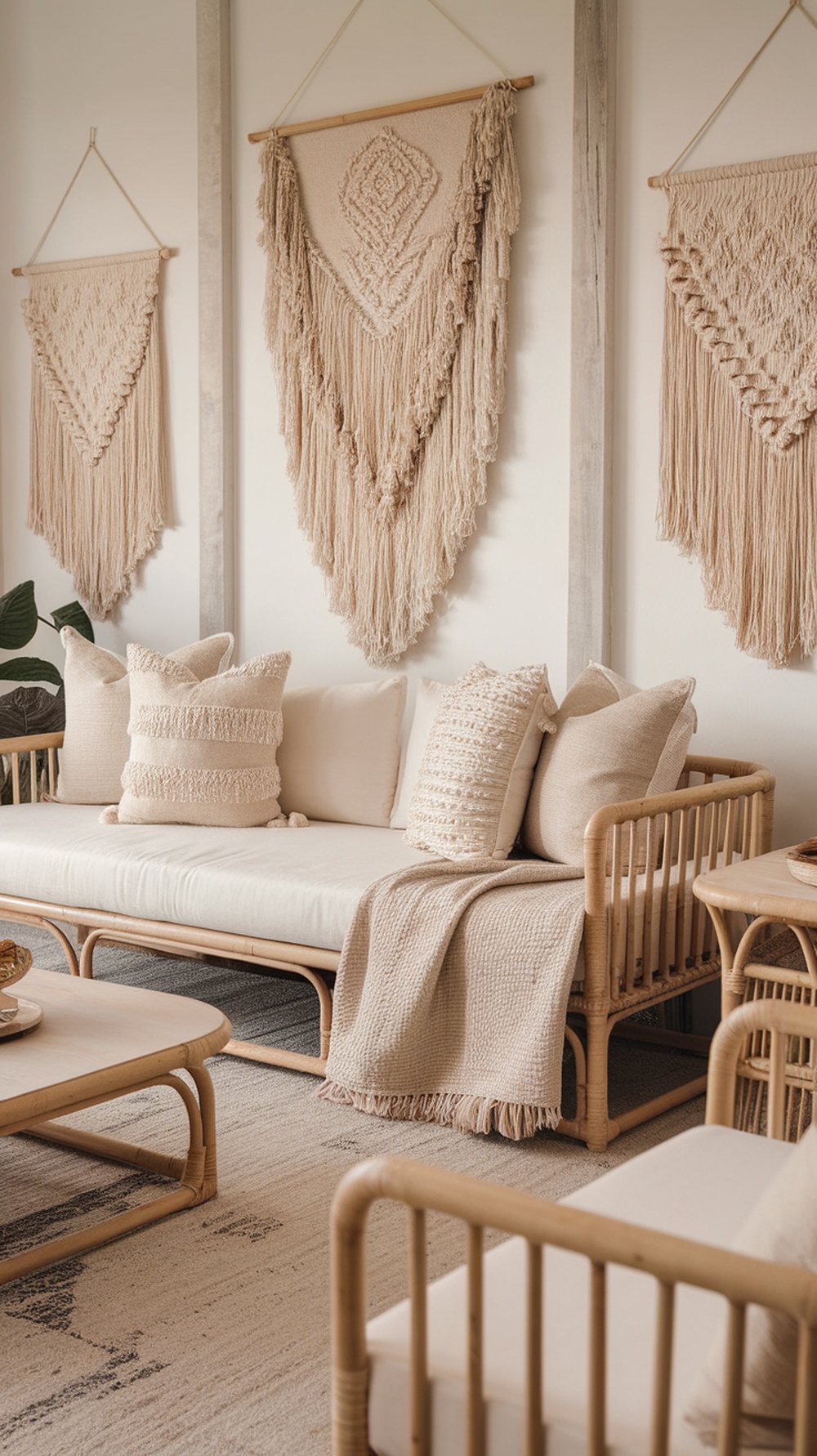 Boho-style sleeper sofa with decorative pillows and woven wall hangings in a guest bedroom.