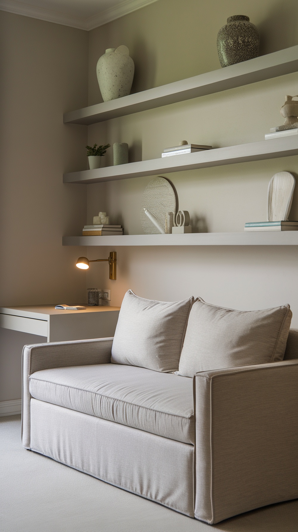 A cozy light-colored sleeper sofa in a stylish multi-purpose guest room with decorative shelves and a small desk.