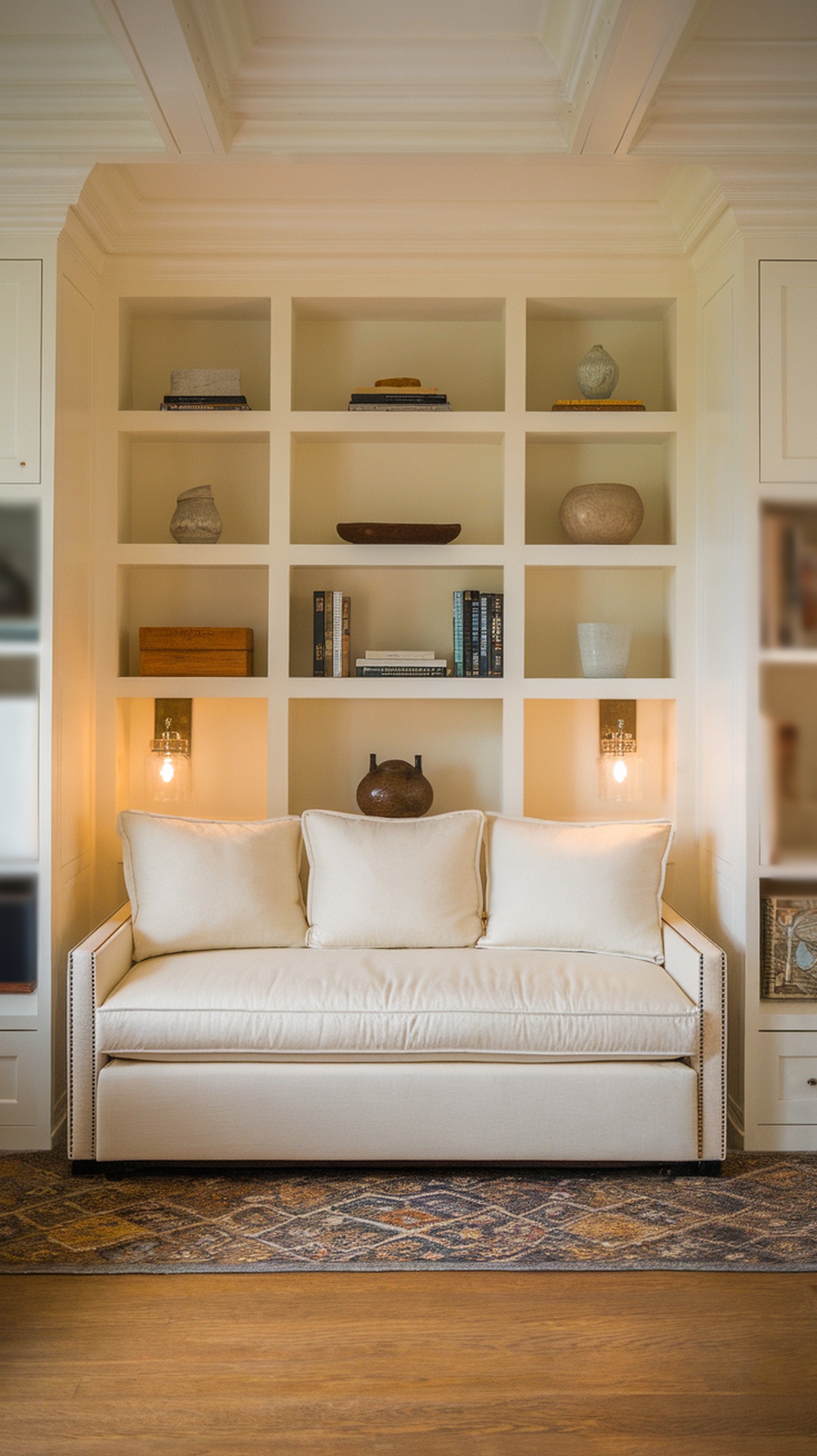 A stylish sleeper sofa placed in a cozy alcove with decorative pillows and bookshelves above.