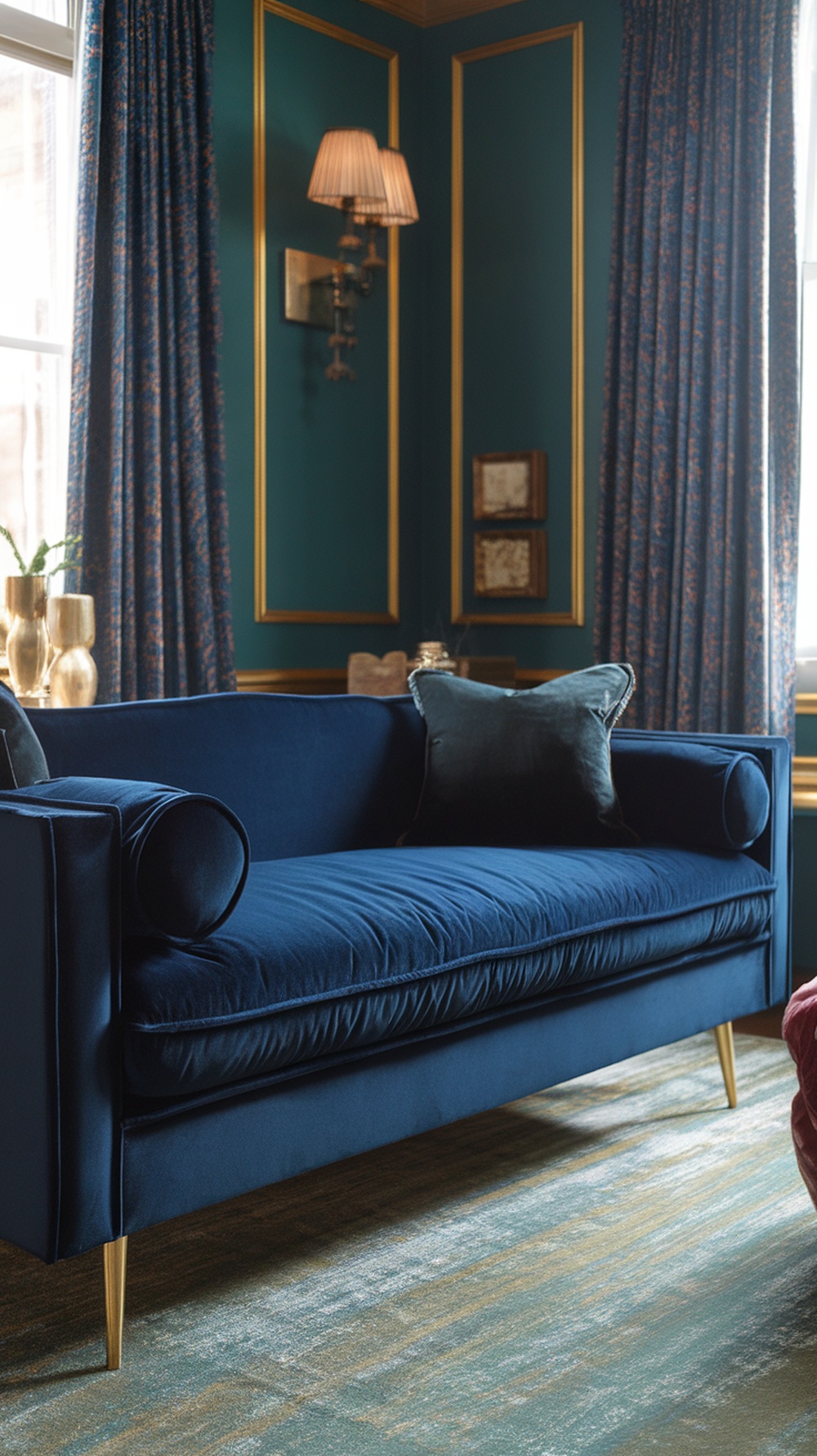 A sophisticated navy velvet sleeper sofa in a beautifully styled guest room with elegant decor.