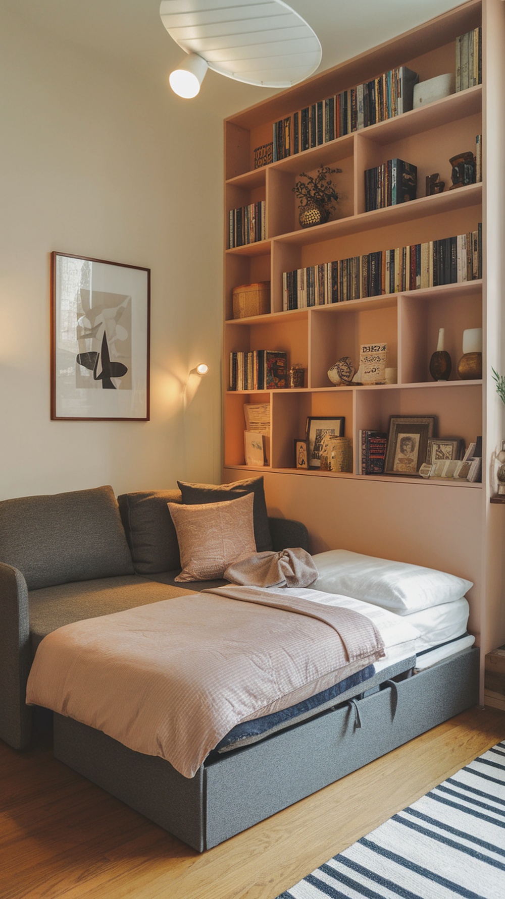 Cozy studio guest room with a convertible sofa bed, wooden floor, and a built-in bookshelf.