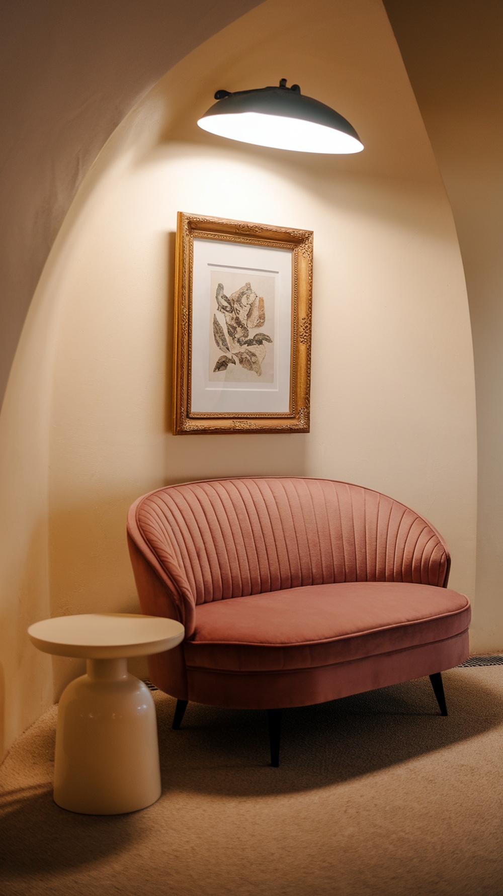 A cozy pink sleeper loveseat in a small guest bedroom, paired with a simple side table and framed artwork on the wall.