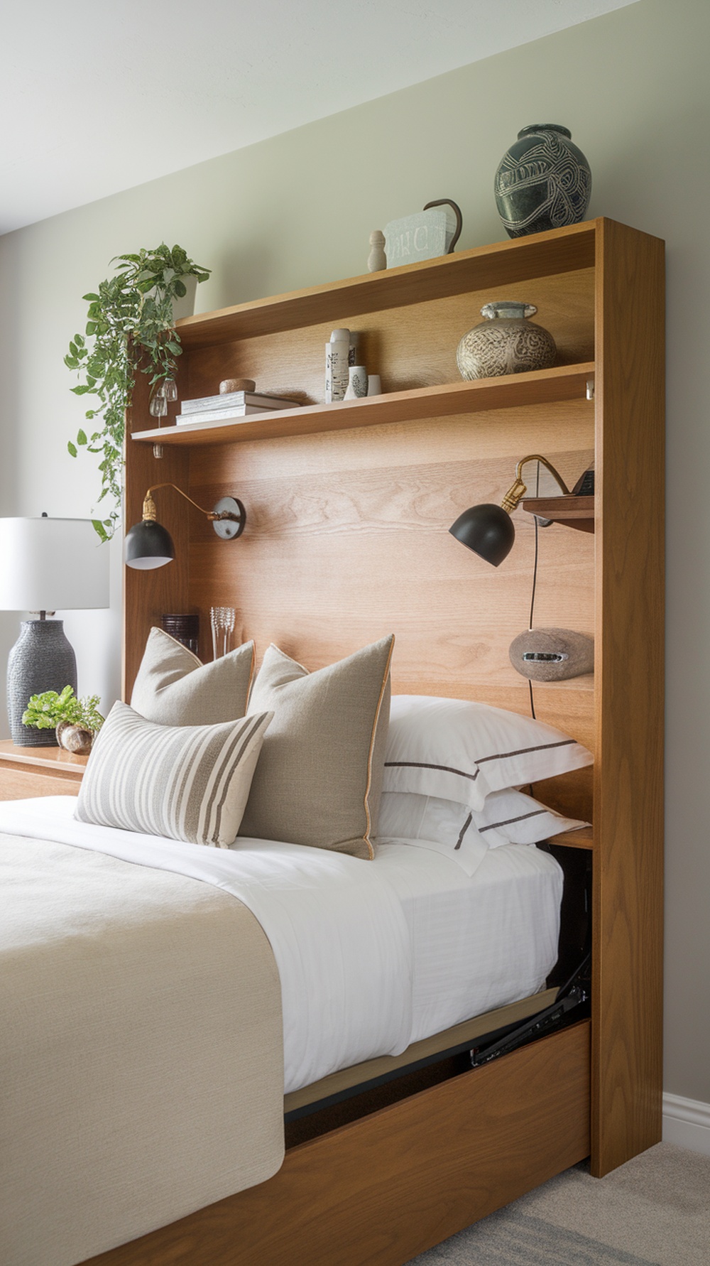 Sleeper sofa with a bookcase headboard, featuring pillows, decor, and adjustable lighting.