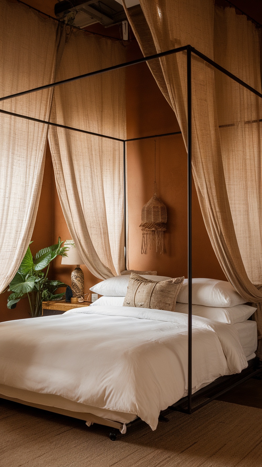 A small guest bedroom featuring a sleeper sofa with a canopy frame, warm earthy tones, and soft bedding.