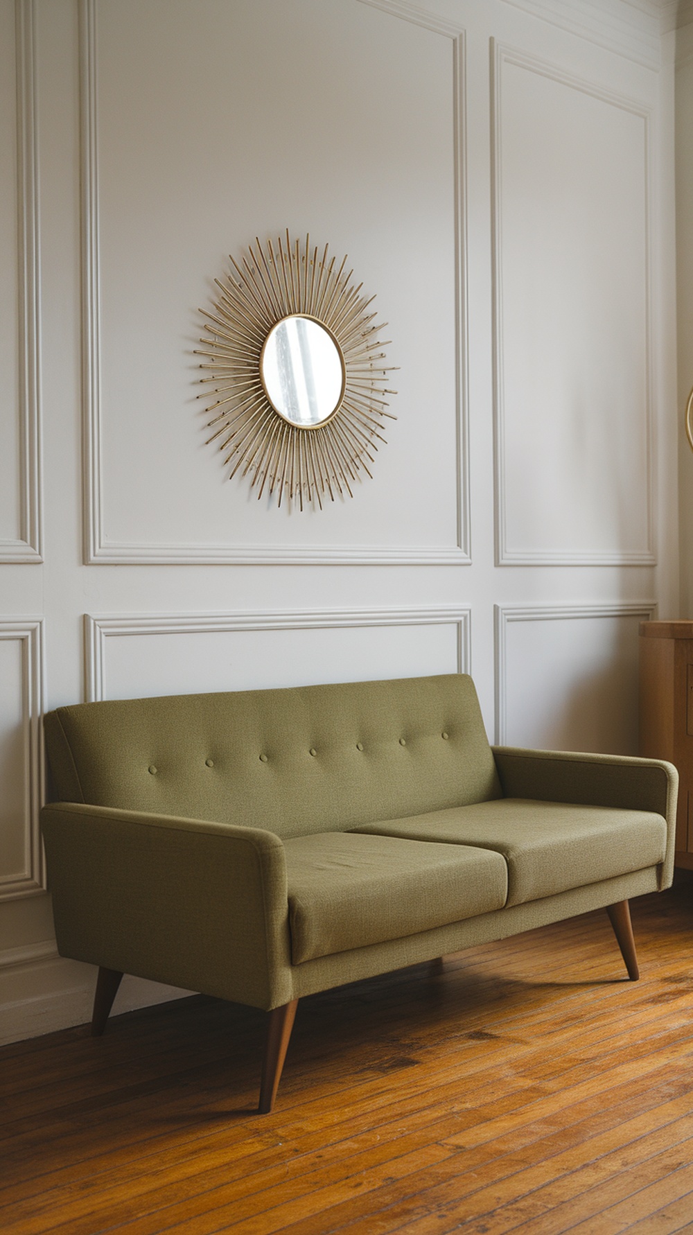 Mid-century green sleeper sofa in a bright guest room with light walls and a round decorative mirror.