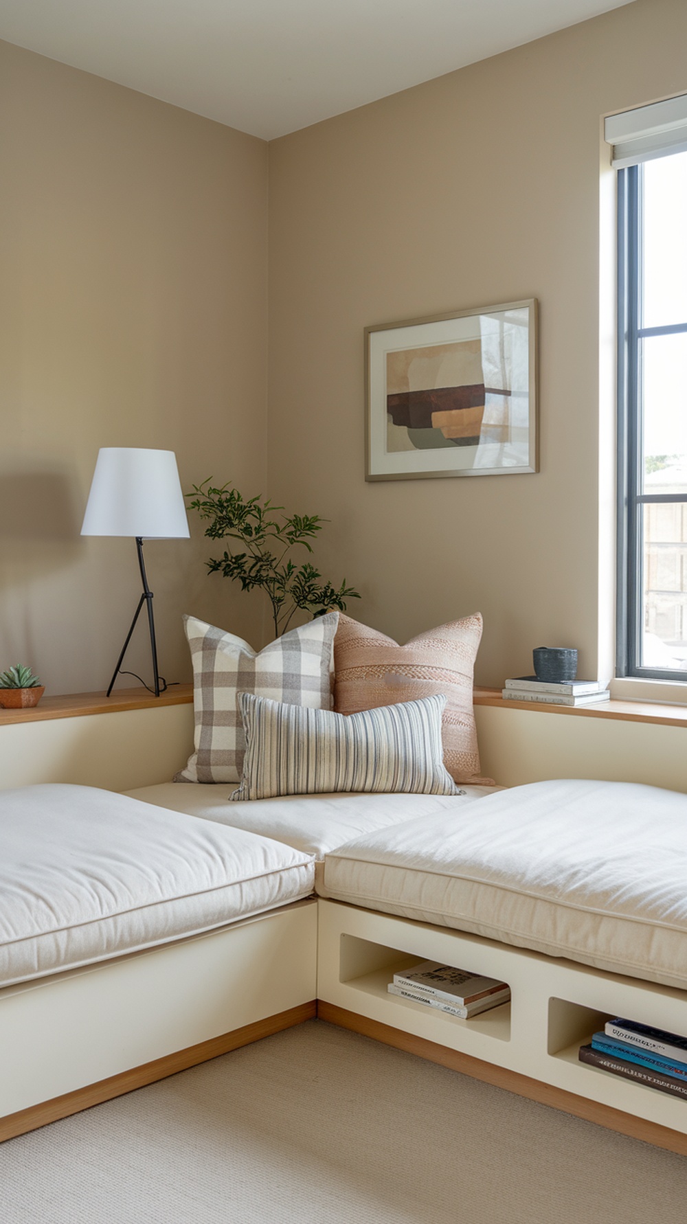 Cozy cream sectional sleeper sofa in a guest room nook with pillows and a floor lamp