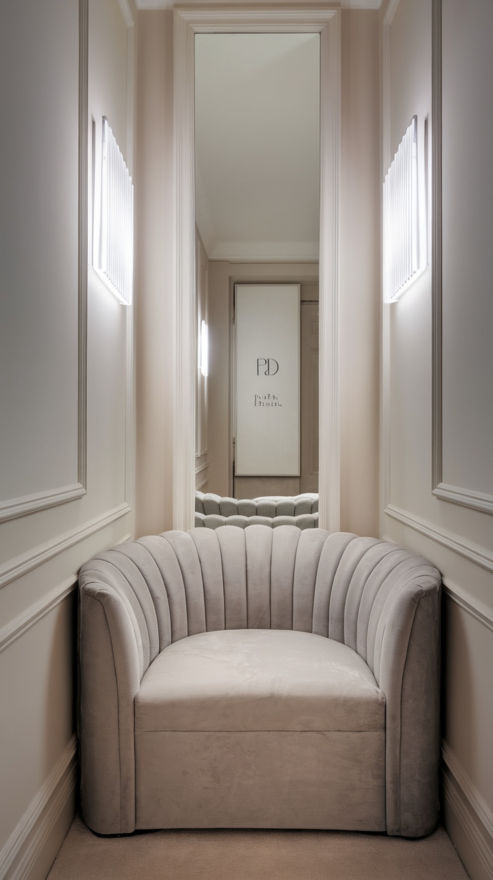 A stylish twin sleeper chair in a narrow hallway, with a modern design and soft gray fabric.