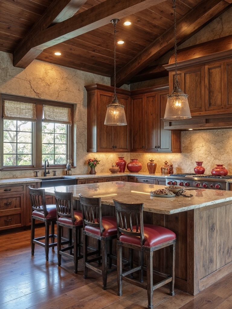 sophisticated rustic kitchen burgundy accents