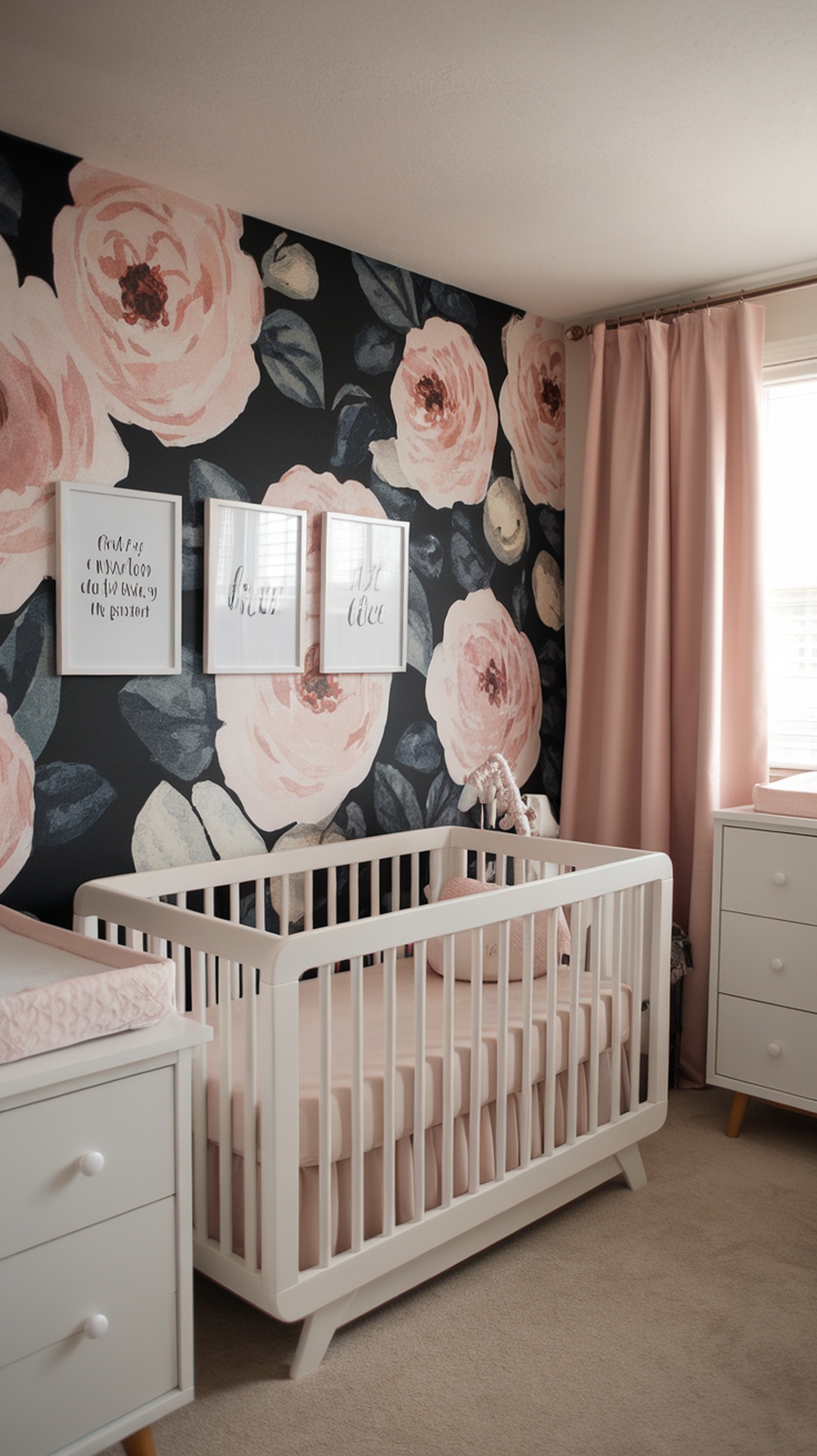 A nursery with floral wallpaper featuring soft pink roses, a white crib, and pink accessories.