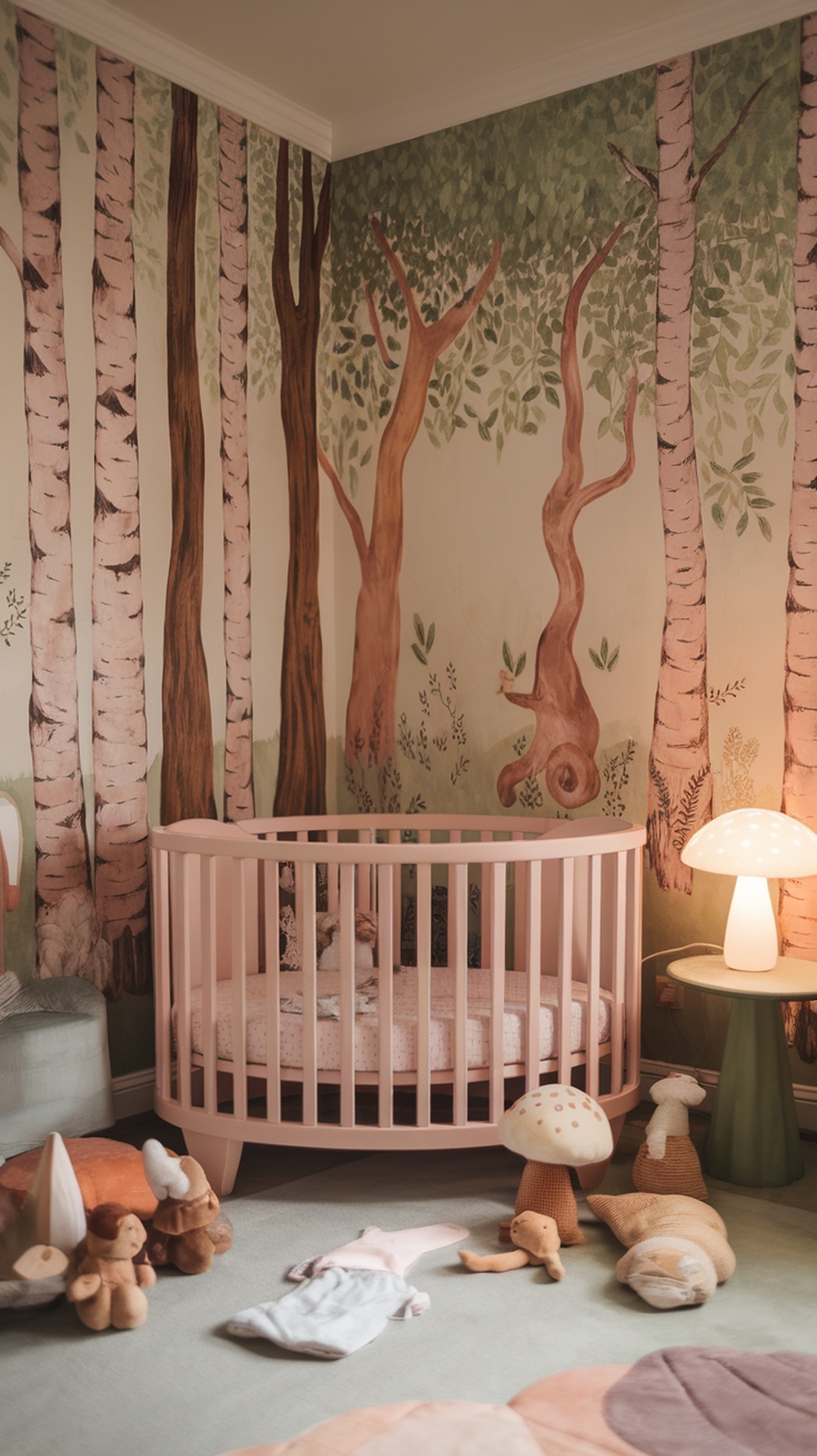 A cozy woodland themed nursery featuring a pink crib, tree murals, plush toys, and soft lighting.