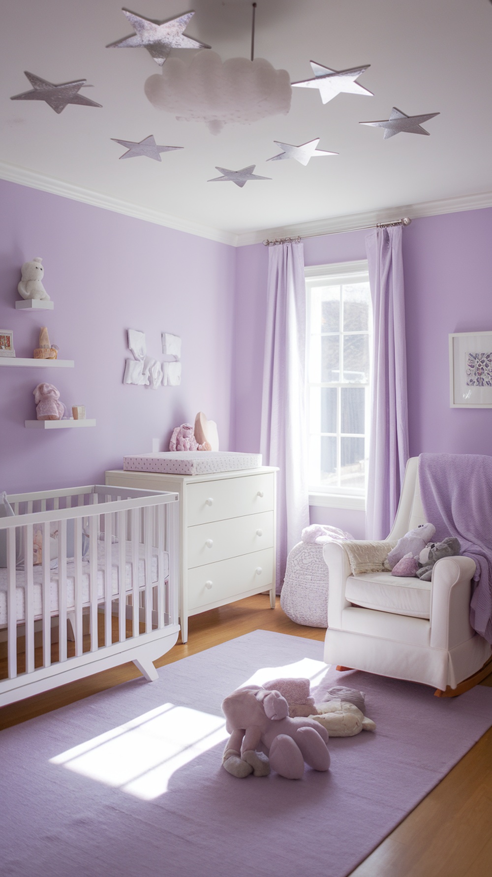 A beautifully decorated lavender and white nursery featuring a crib, dresser, and plush toys.