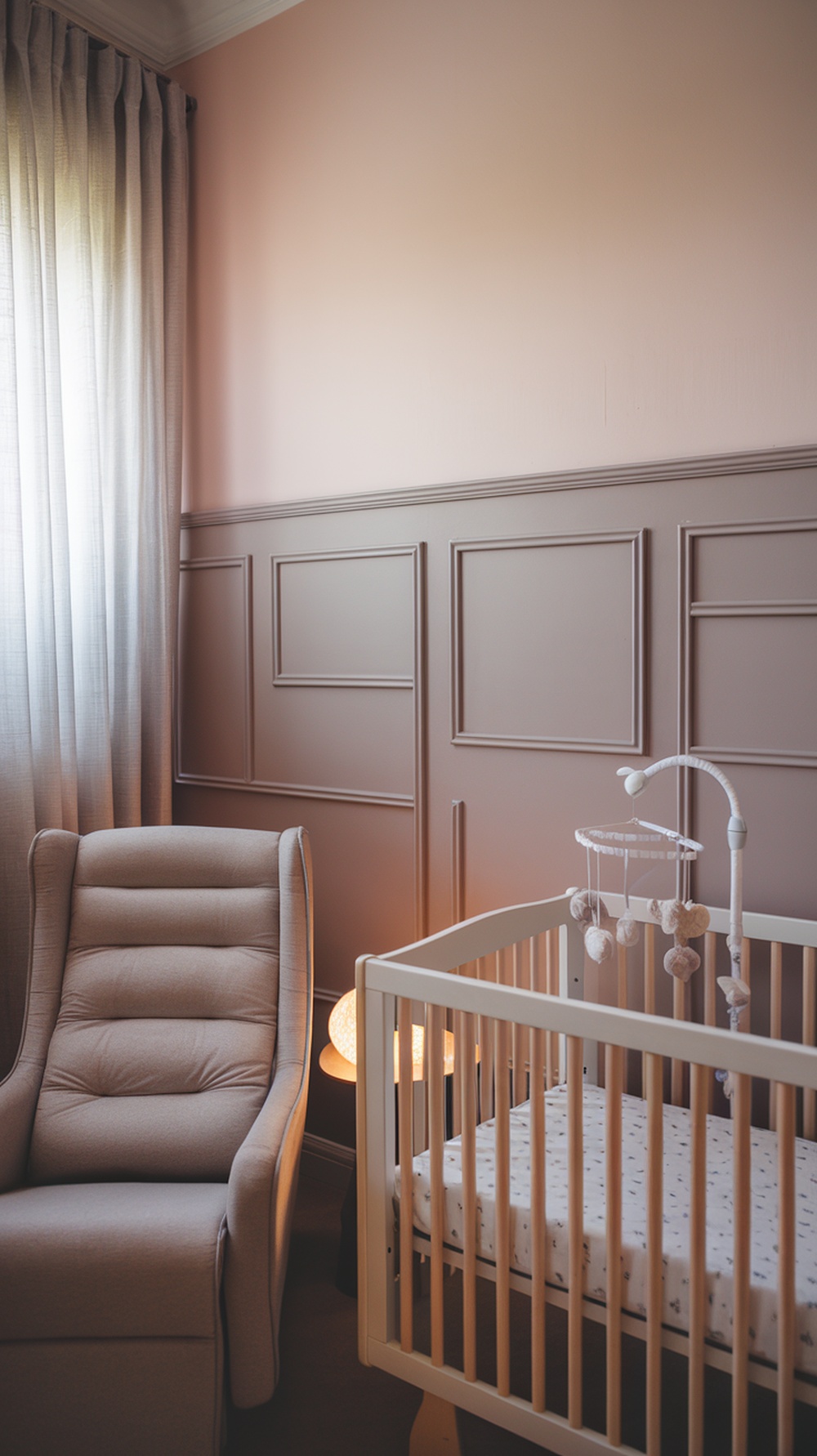 A beautifully designed baby girl nursery featuring pink walls, grey wainscoting, a cozy rocking chair, a soft light fixture, and a crib with a mobile.