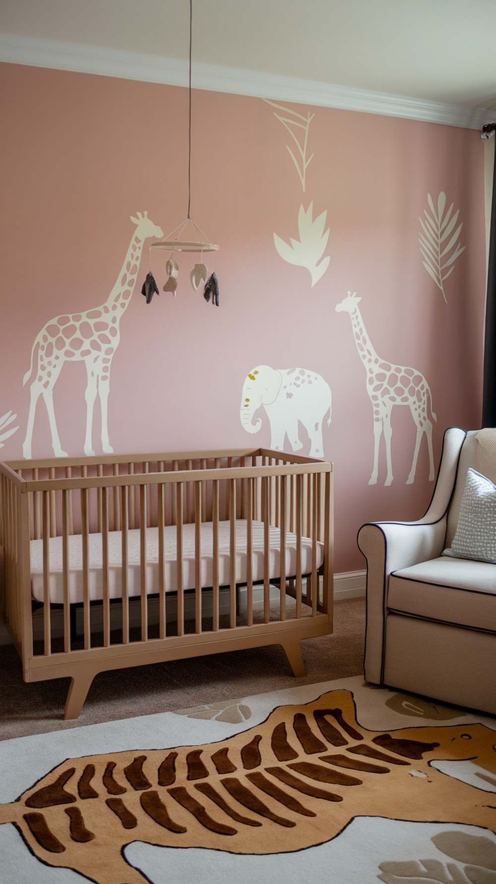 A safari-themed nursery featuring pink walls with white animal silhouettes, a wooden crib, and a playful animal-shaped rug.