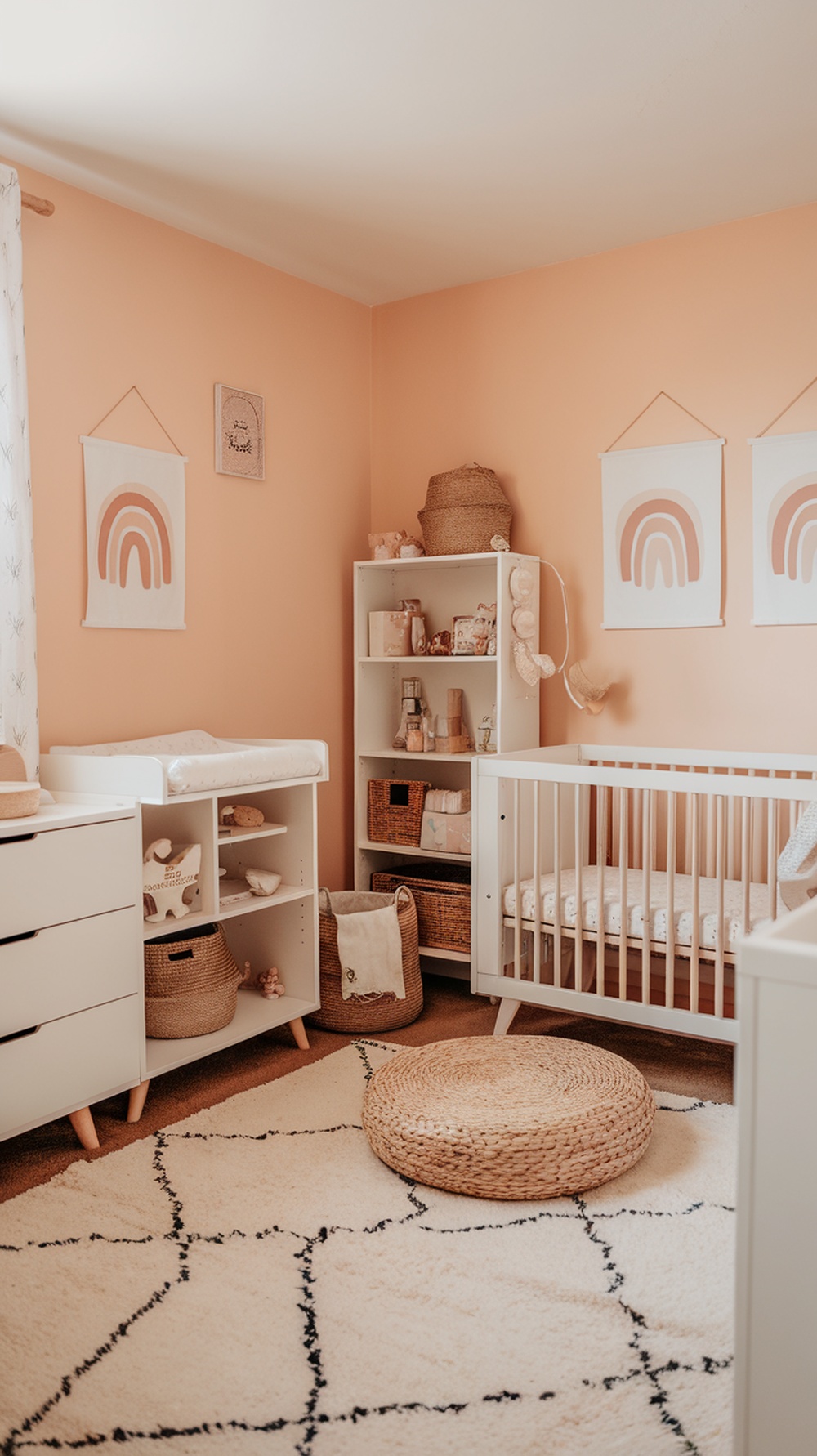 A peach and cream nursery featuring a crib, changing table, and woven baskets.
