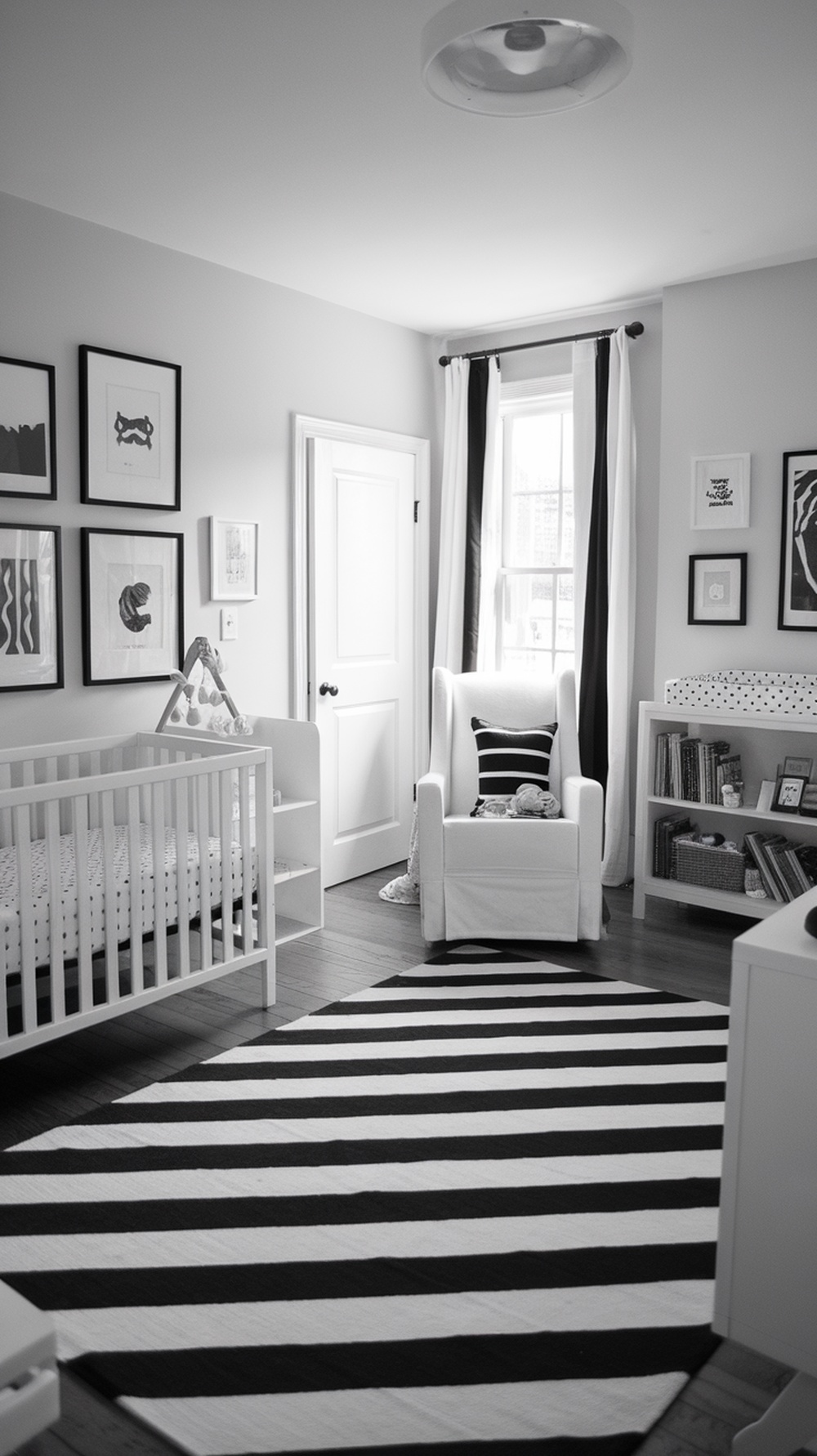 A monochrome nursery featuring black and white decor, a crib with polka dot bedding, and pink highlights.