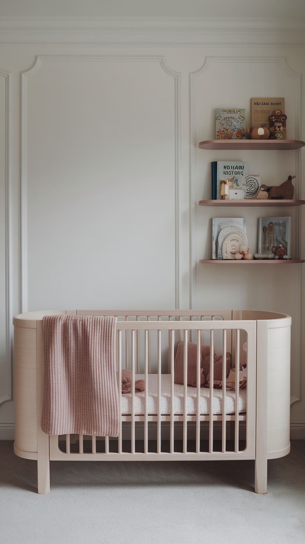 Minimalist nursery featuring a light wooden crib, dusty pink blanket, and neutral decor on shelves.