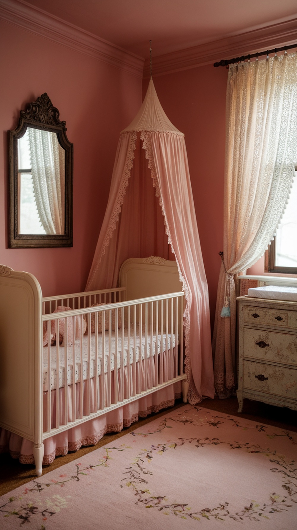 A vintage rose nursery featuring a canopy crib, pink walls, a floral rug, and elegant curtains.