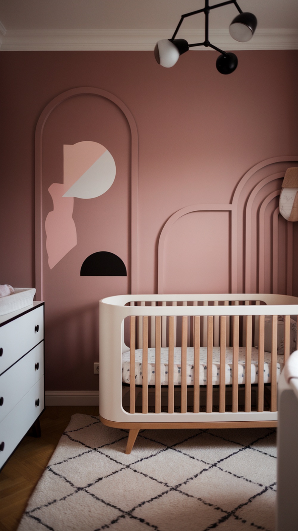 Modern girls nursery featuring a statement wall with geometric shapes and a stylish crib.