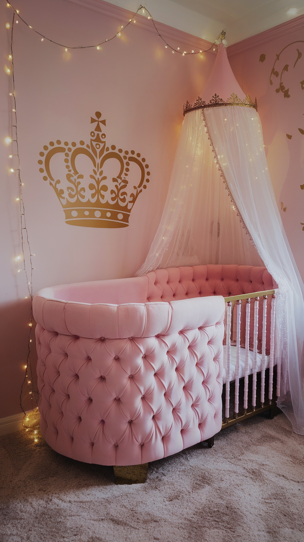 A princess-themed nursery featuring a pink crib with a canopy, fairy lights, and a golden crown wall decal.