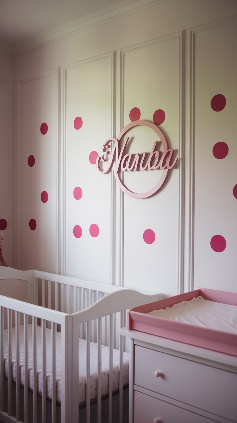 Pink and white polka dot nursery with a crib and changing table, featuring a personalized name sign on the wall.