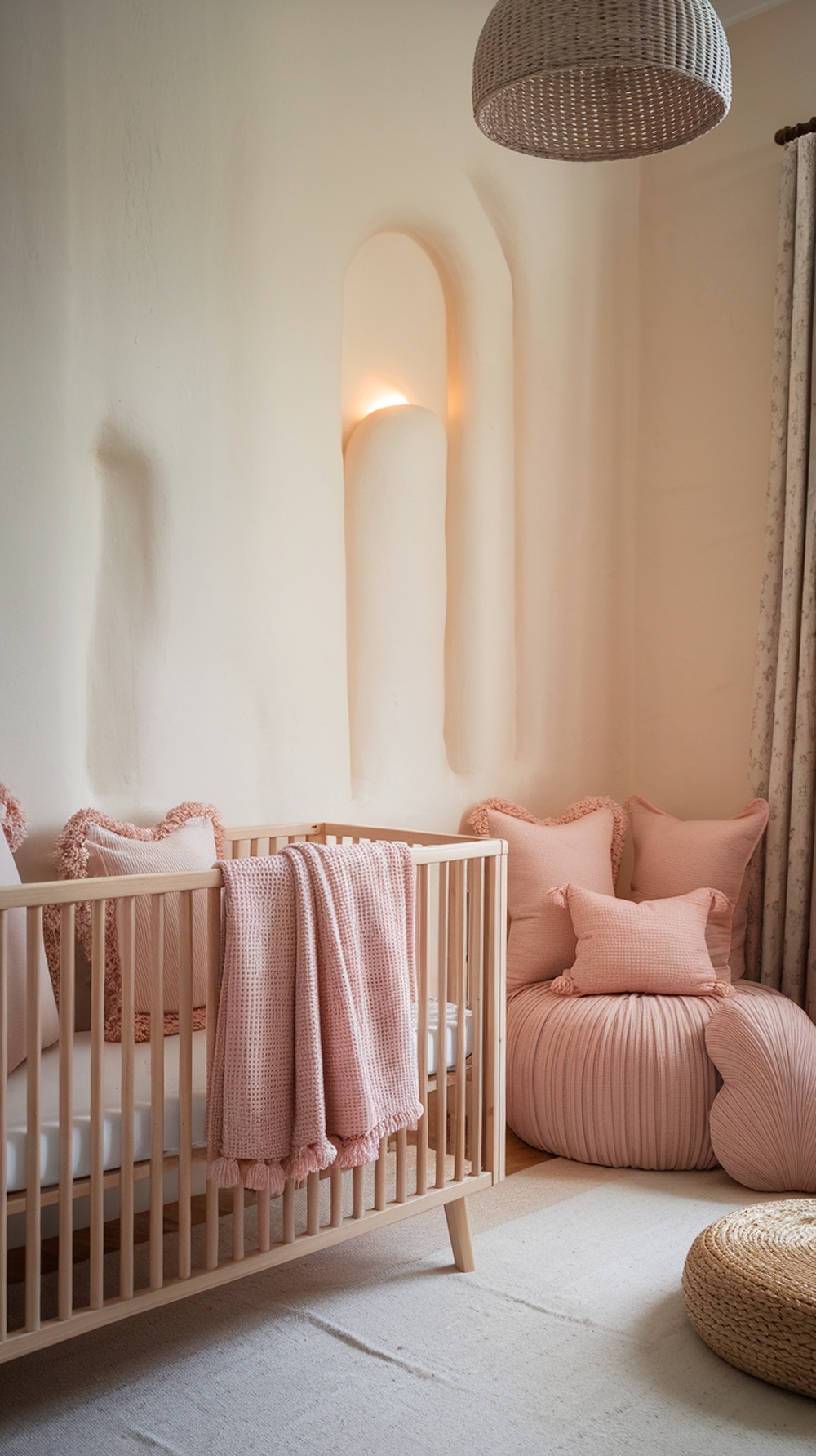 A neutral girls nursery featuring a wooden crib with blush accessories, soft pillows, and a cozy atmosphere.