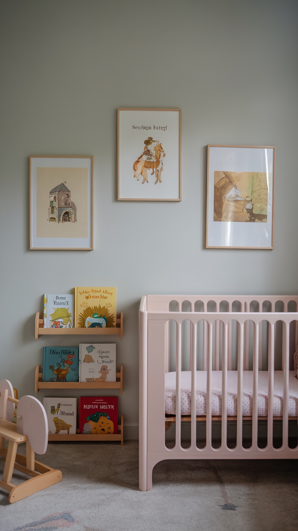 A cozy storybook-inspired nursery featuring a pink crib, framed illustrations, and a book display.