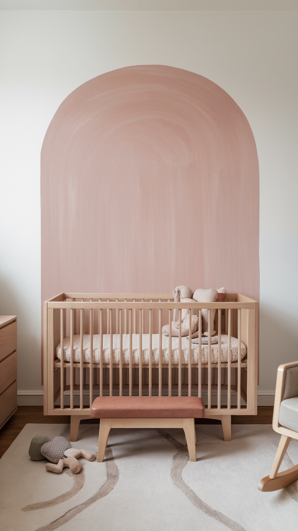 A white and blush nursery featuring an arch wall design, natural wood crib, and soft rug with toys.