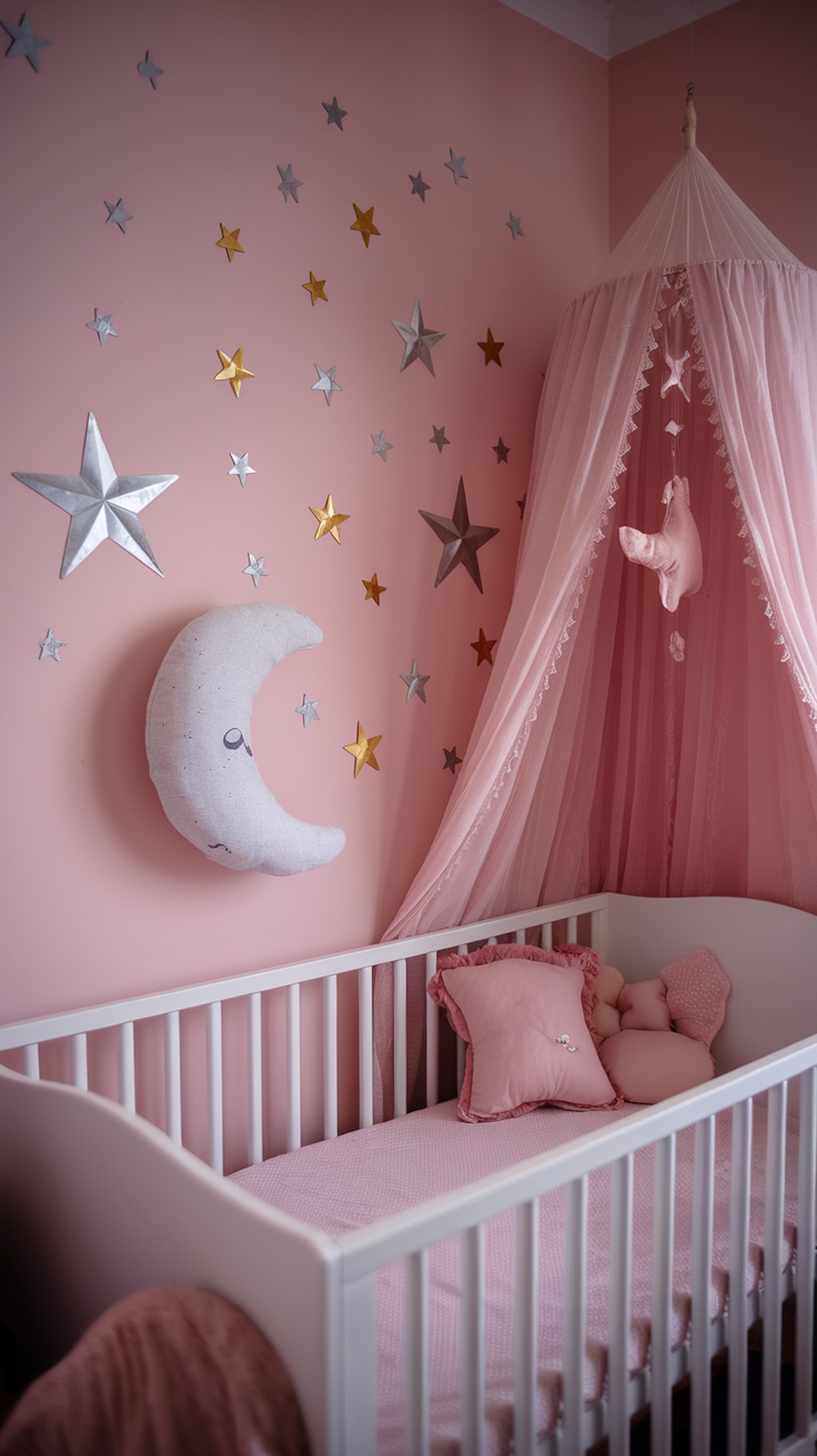 A soft pink nursery featuring a crib, star decorations, and a moon-shaped pillow.