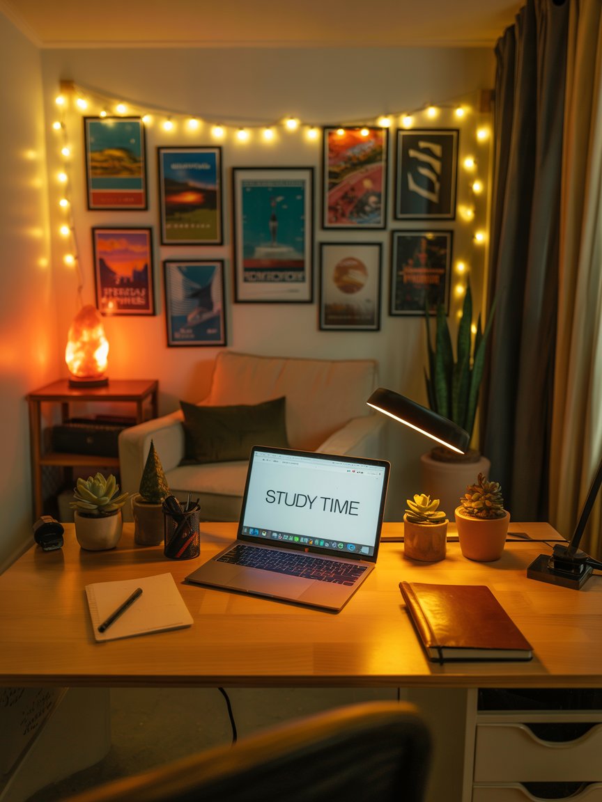 Study space with warm lighting