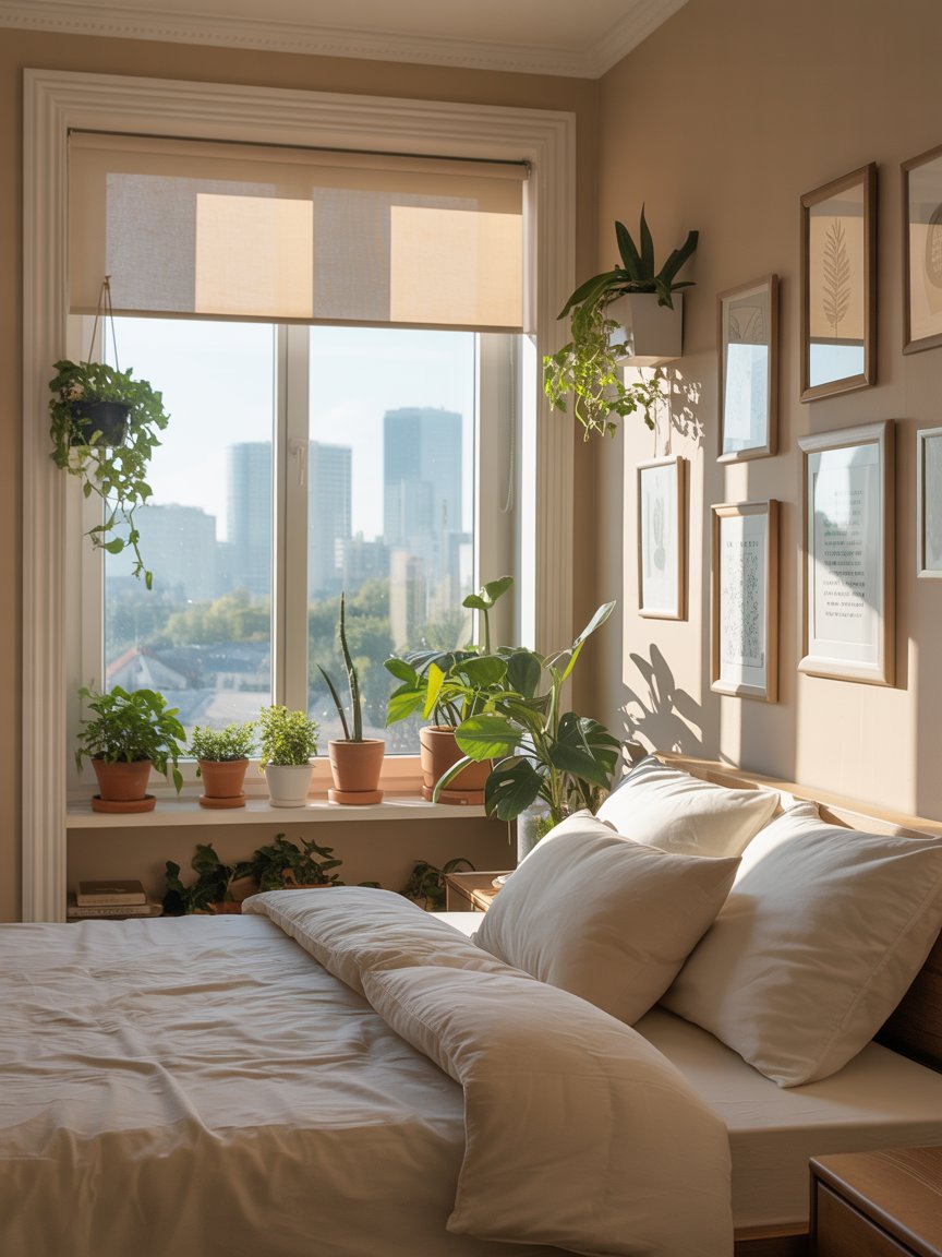 Urban bedroom with plants and light