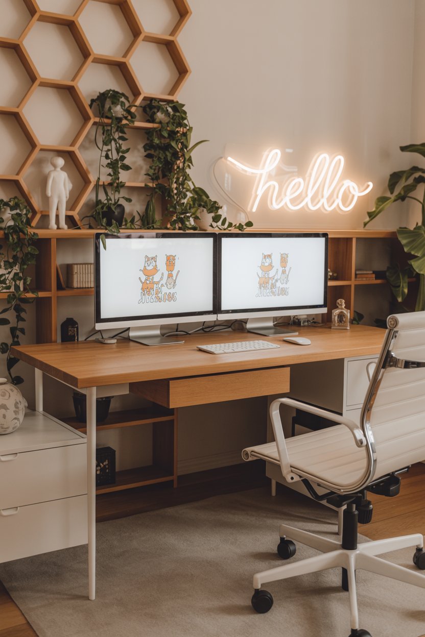 Home office with greenery and warm lighting