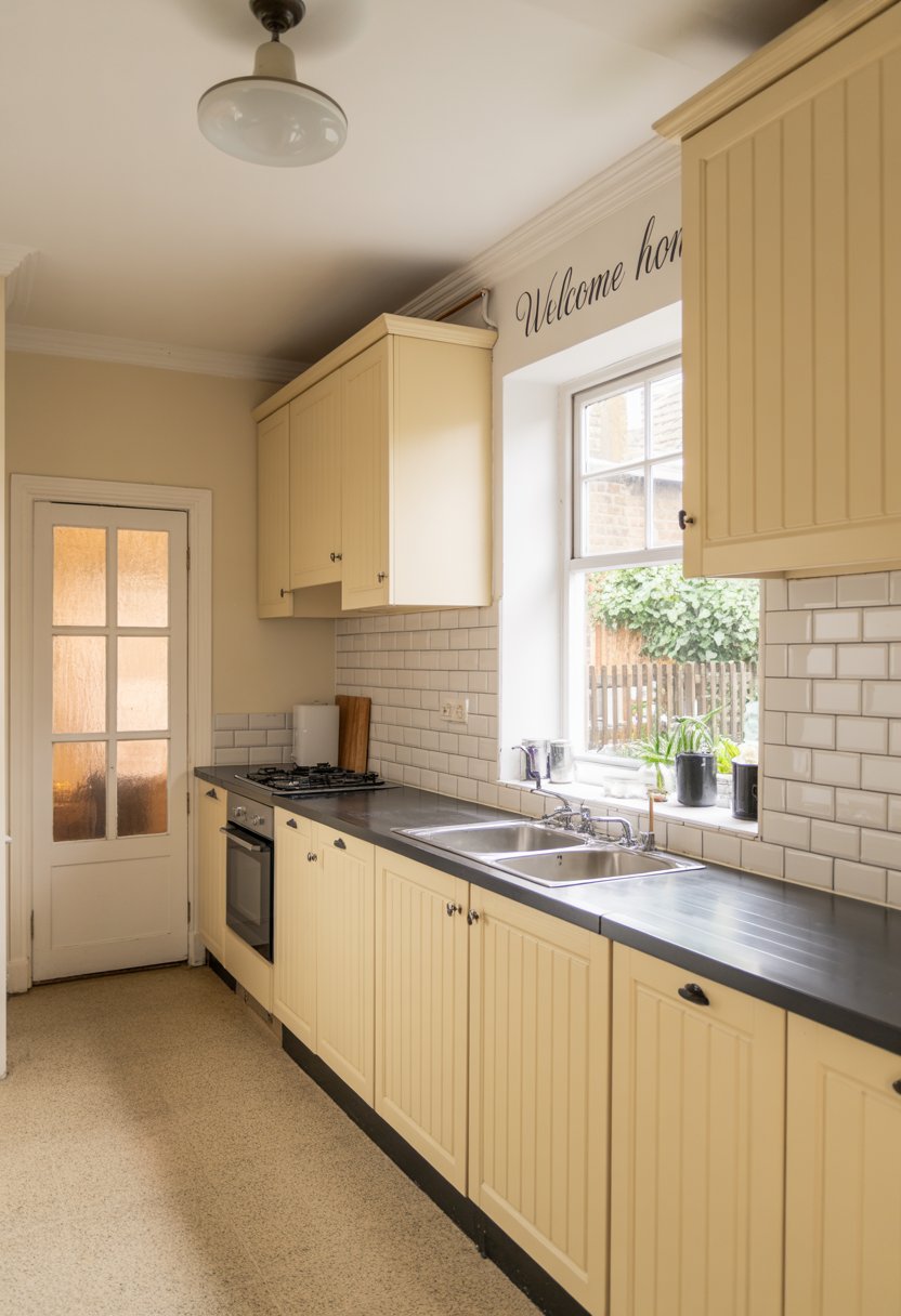 Kitchen with cream cabinets and black countertops