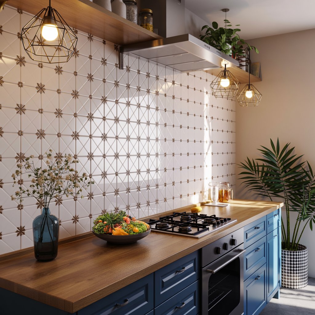 Kitchen with geometric tile backsplash
