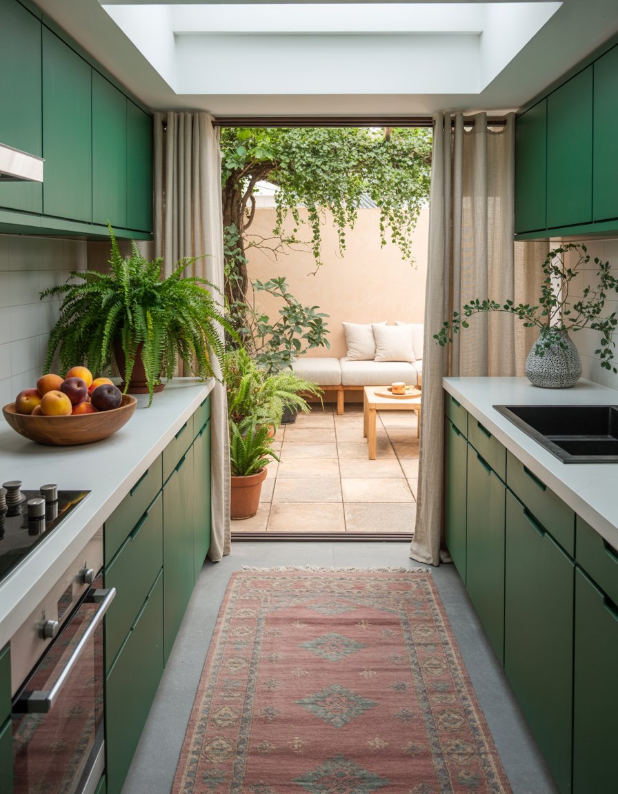 Kitchen with green cabinets and plants