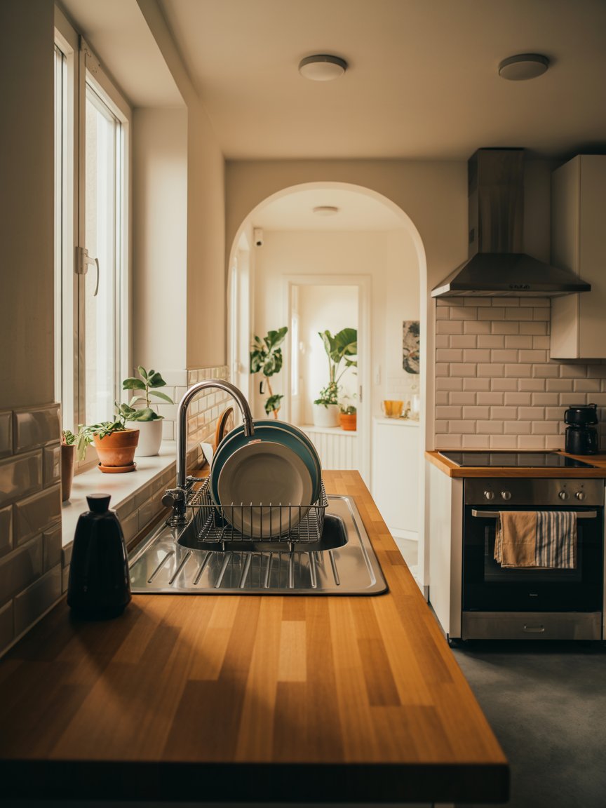 Kitchen with wooden countertops and plants