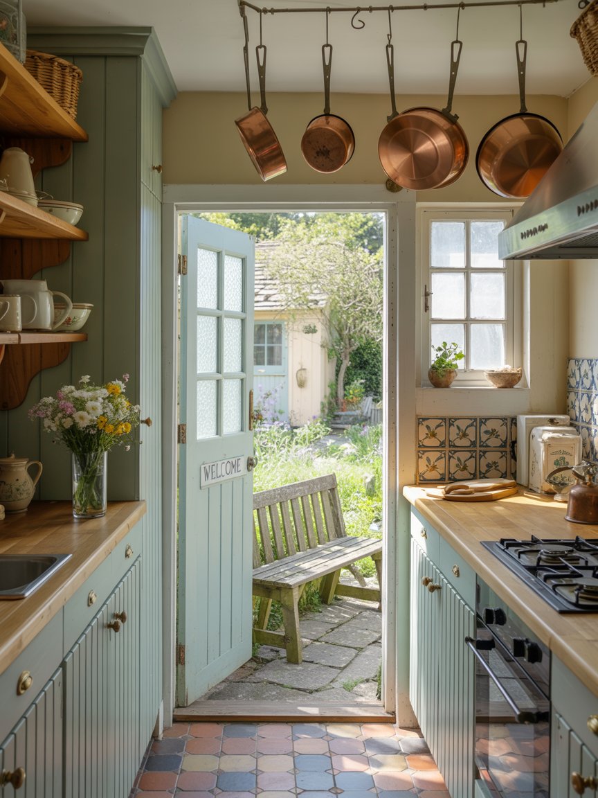 Cottage style kitchen with open shelving