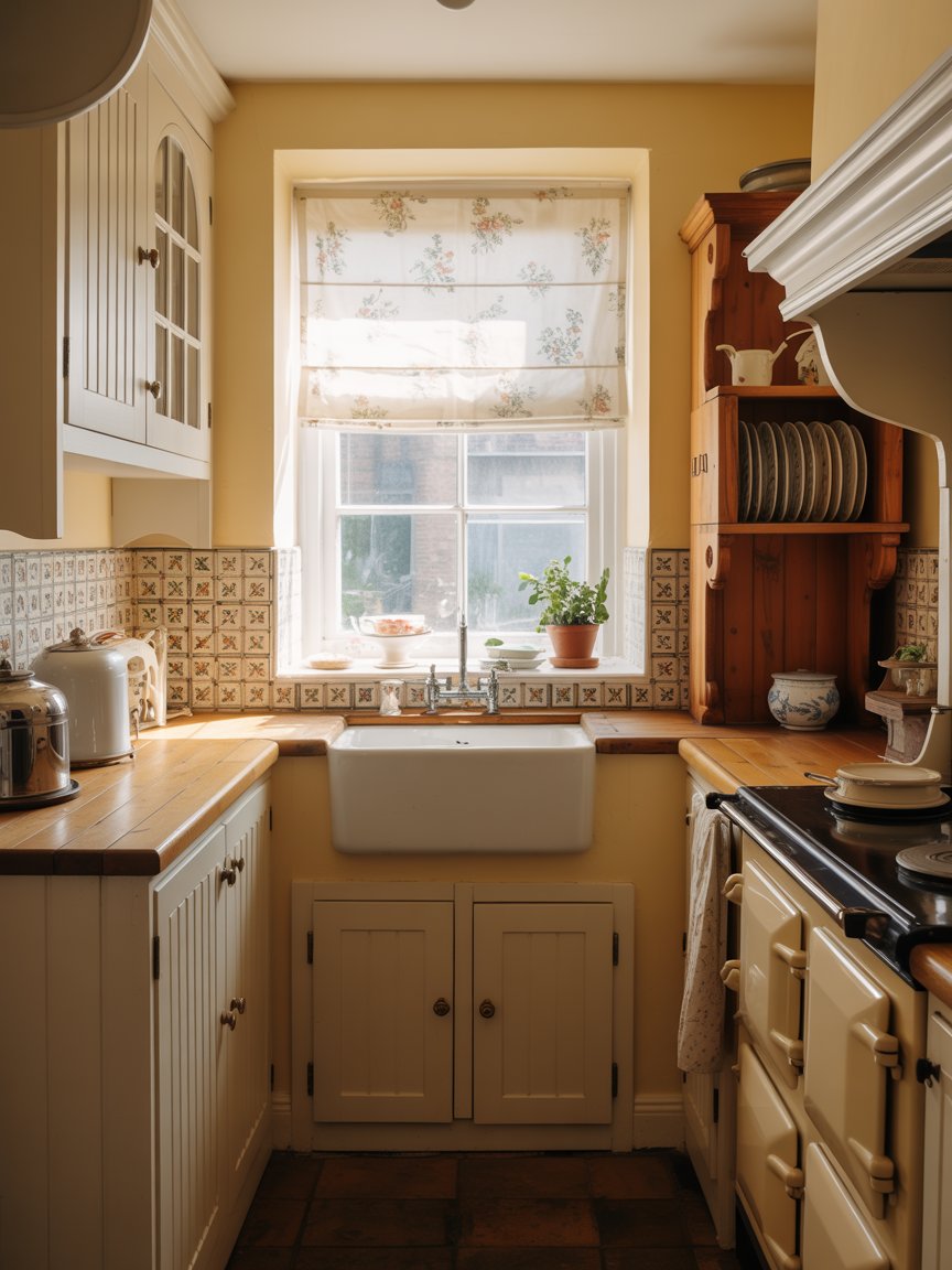 Country kitchen with floral curtains